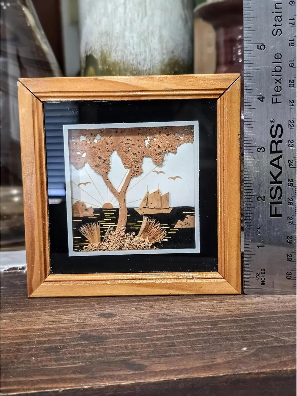 Vintage 1970s Chinese Cork Diorama, 3D Hand-Carved Seascape Shadow Box